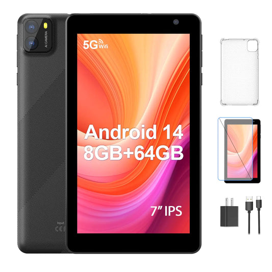 PUTECCH Android Tablet 7 inch Android 14 Tablets 8GB RAM 64GB ROM 1TB Expand Octa-Core Processor 5G Wi-Fi 6 2MP+8MP Dual Camera3500mAh Battery Bluetooth Computer Tablet PC Black